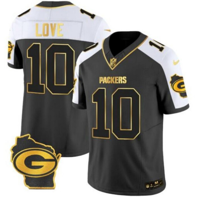 Men's Green Bay Packers #10 Jordan Love Black/White Gold 2024 F.U.S.E. Home Patch Vapor Untouchable Limited Football Stitched Jersey